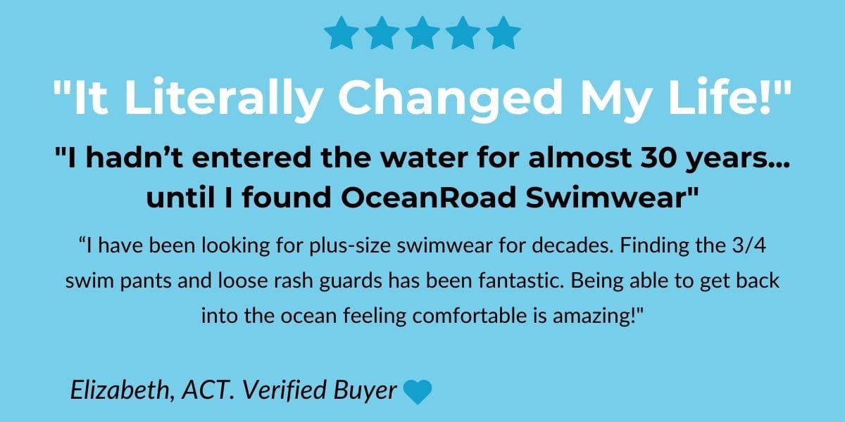Plus-size swimwear review for OceanRoad Swimwear: Elizabeth from ACT shares her 5-star experience wearing 3/4 swim pants and rash guards after 30 years away from the ocean.