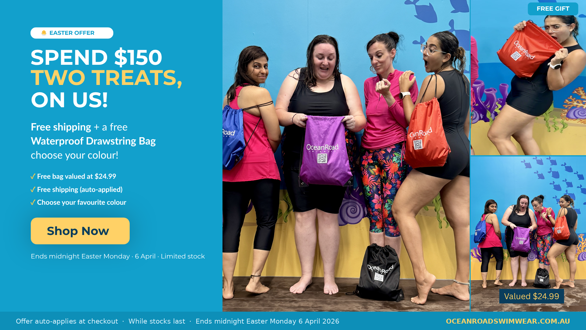 Women's swimwear Easter offer — free waterproof bag and free shipping when you spend $150. Ocean Road Swimwear Australia.