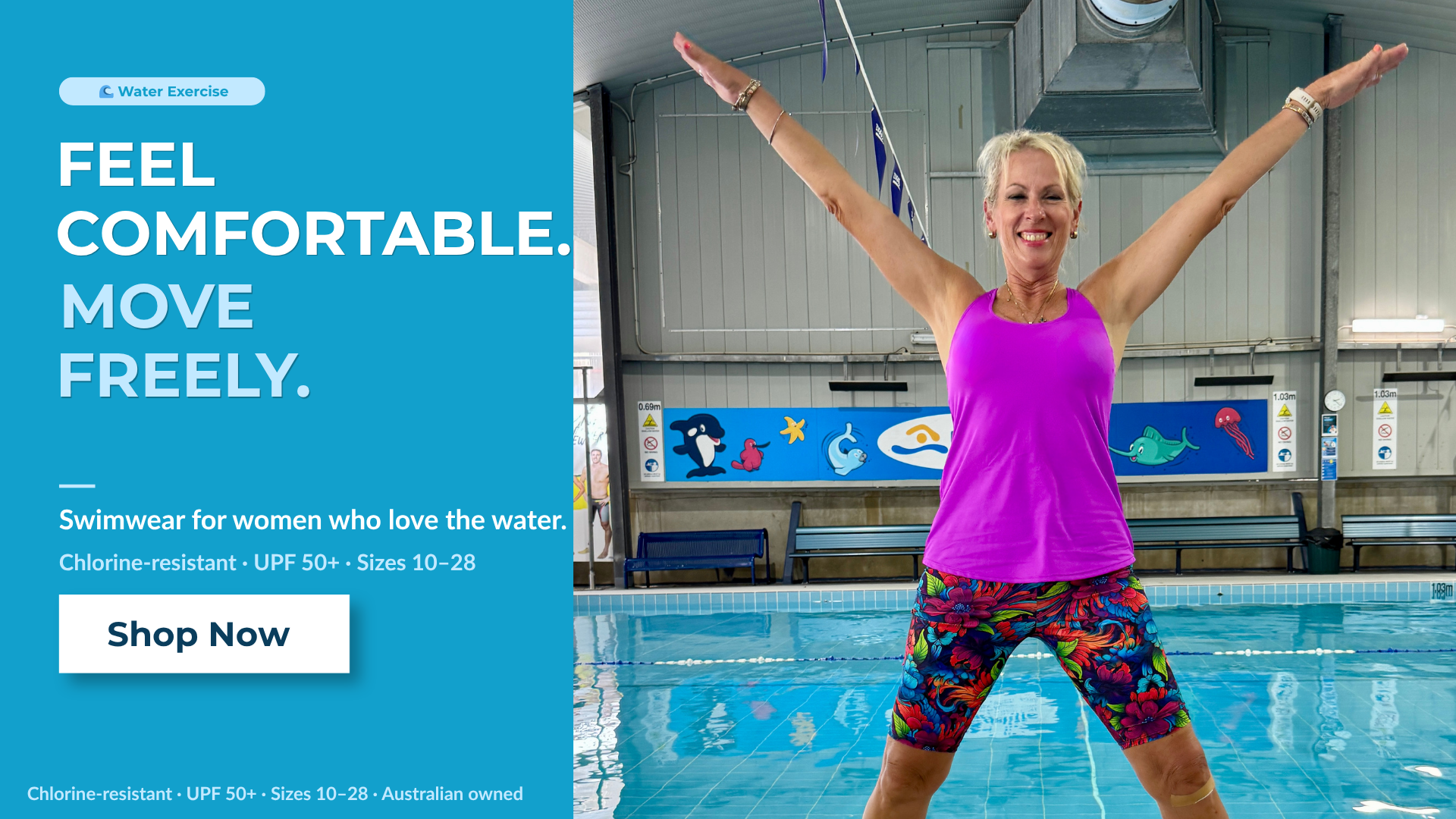 Woman doing water exercise at an indoor pool wearing Ocean Road Swimwear chlorine-resistant UPF 50+ swimwear, sizes 10 to 28, Australia